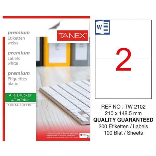 Tanex TW-2102 Düzkenar Etiket210X148.5Mm 100Sf Beyaz
