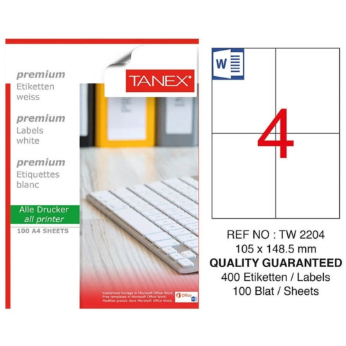 Tanex TW-2204 Düzkenar Etiket105X148.5Mm 100Sf Beyaz