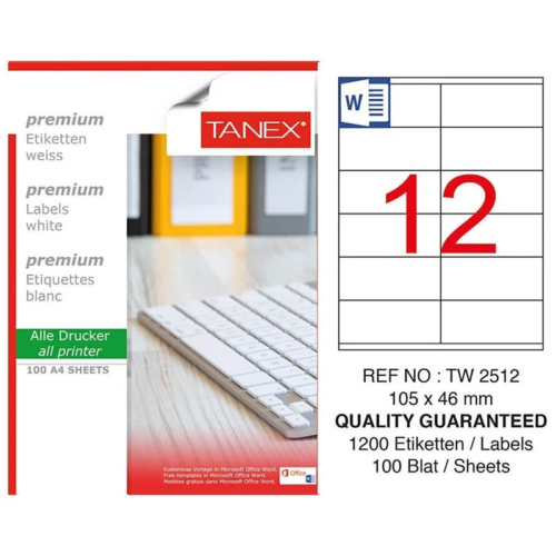 Tanex TW-2512 Düzkenar Etiket105X46Mm 100Sf Beyaz
