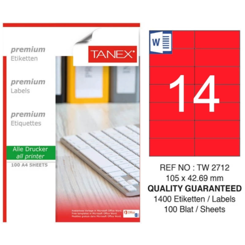 Tanex TW-2712 Düz KenarEtiket 105X42.69 MM FosforluKırmızı