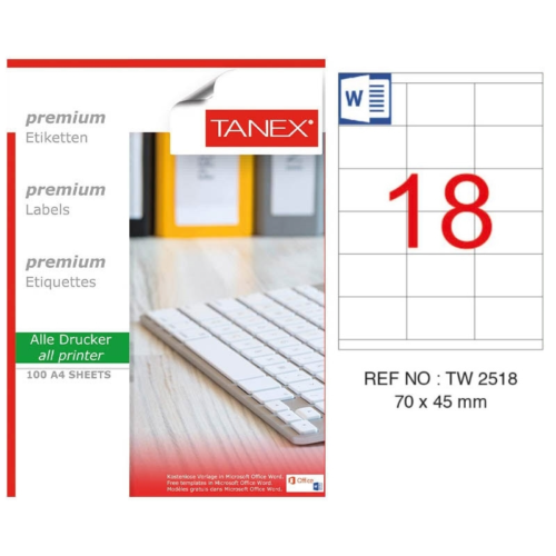 Tanex TW-2518 Lazer Etiket70MMX45MM Beyaz